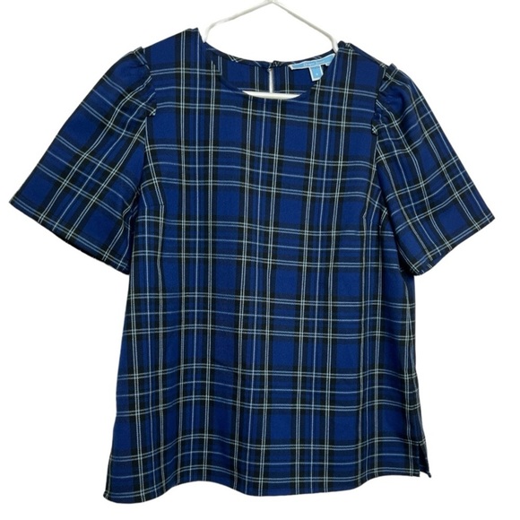 Draper James Tops - Draper James Blue Plaid Blouse Puff Sleeve Size 8